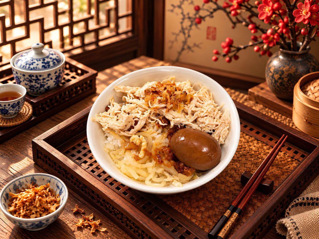 ▲彰化北斗人氣小吃店《滿添心》以傳統台式風味結合創意巧思,雞絲滷肉油蔥飯搭配香氣濃郁的肉燥、油蔥與滷蛋,呈現樸實又豐盛的家常滋味(圖/業者提供)