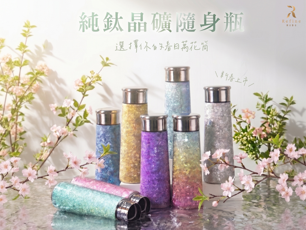 Refine「純鈦晶礦隨身瓶」具有以真空高溫燒結所形成的冰晶紋理。圖/業者提供