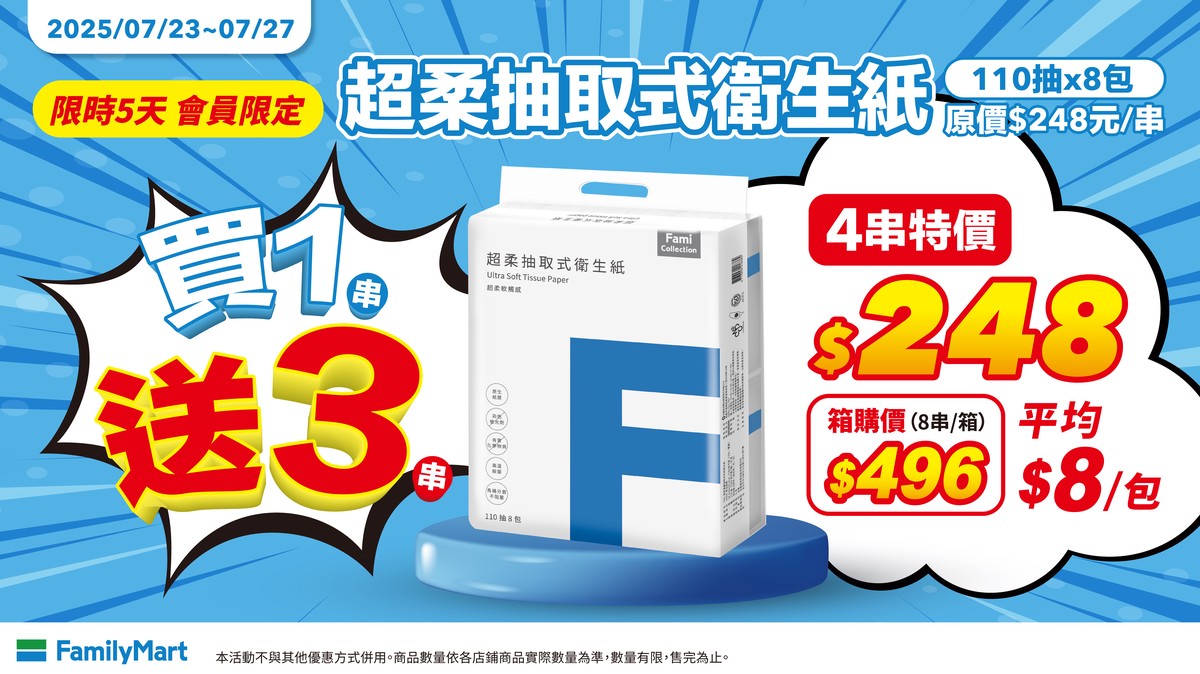 全家會員限定超值優惠　FamiCollection衛生紙買一送三大放送！